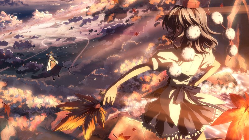 Anime girls in autumn sky