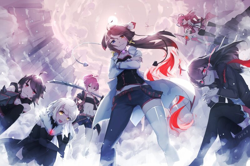 Anime Girls in Battle — Purple, Dramatic, Digital Art, Swords