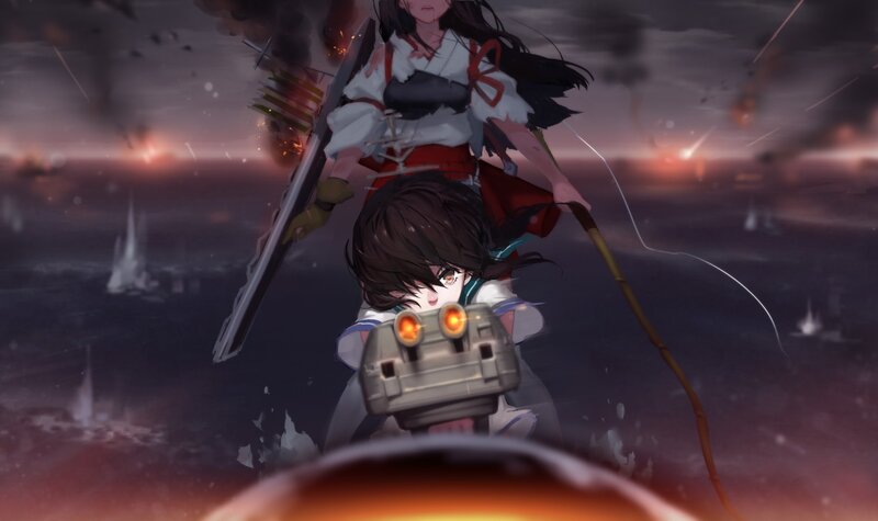 Anime Girls in Battle — Purple, Dramatic, Sunset