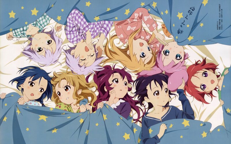 Anime Girls in Bed — Blue, Playful