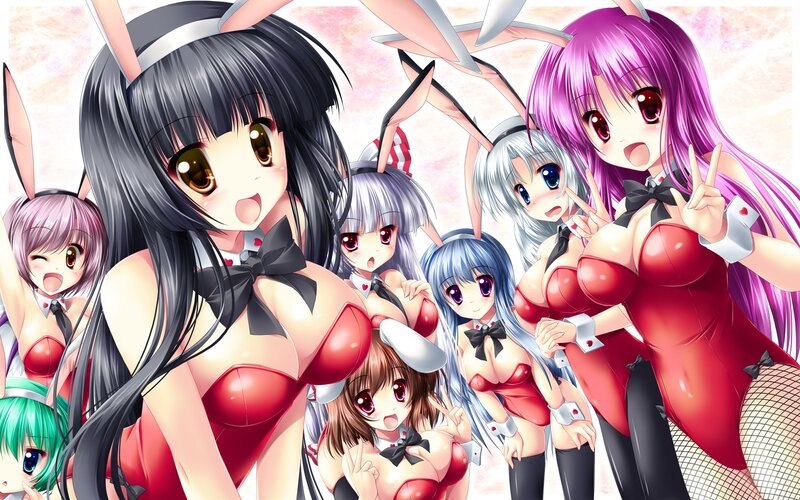 Anime Girls in Bunny Costumes — Red, Playful