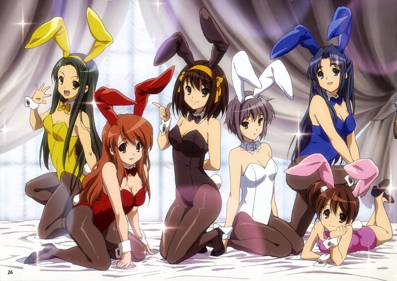 Anime Girls in Bunny Costumes — White, Playful, Bunny Ears, Curtains