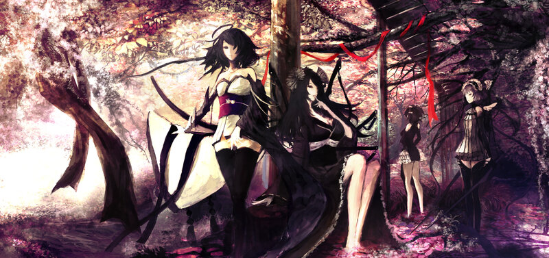 anime girls in cherry blossom forest