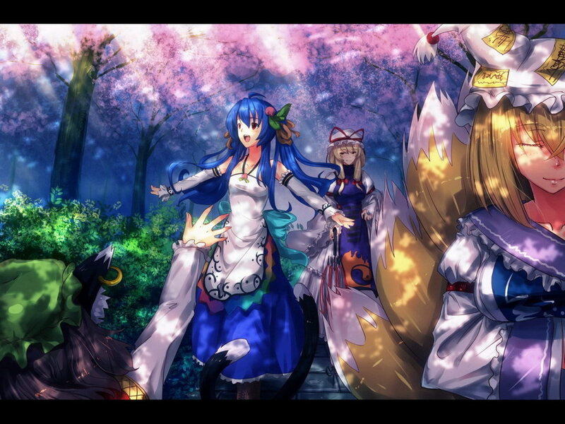 Anime girls in cherry blossom forest