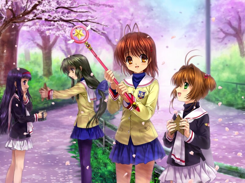 Anime girls in cherry blossom park