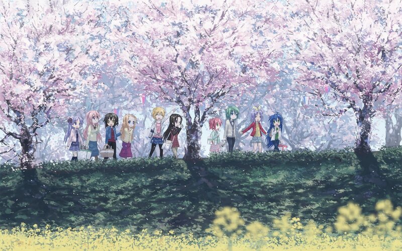 anime girls in cherry blossom park