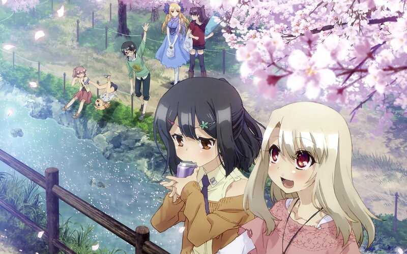 Anime girls in cherry blossom park