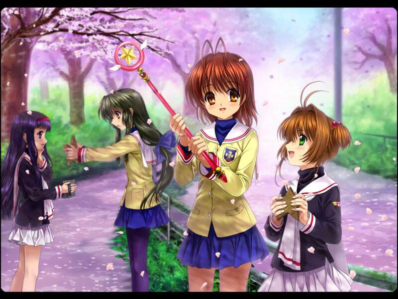 anime girls in cherry blossom park