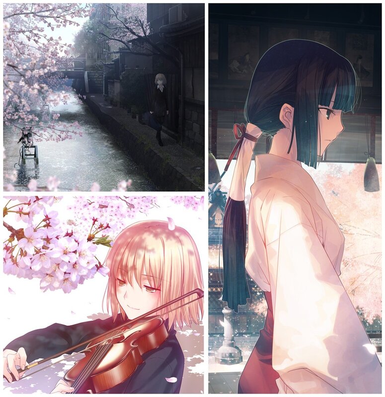 Anime girls in cherry blossom scenes