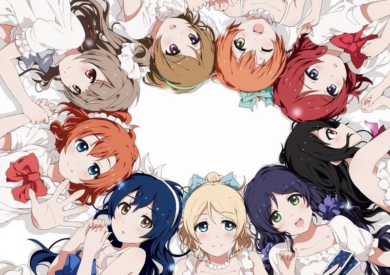Anime Girls in Circle — White, Playful