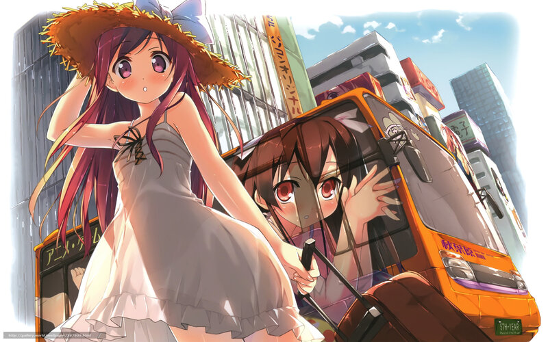 Anime girls in city scene