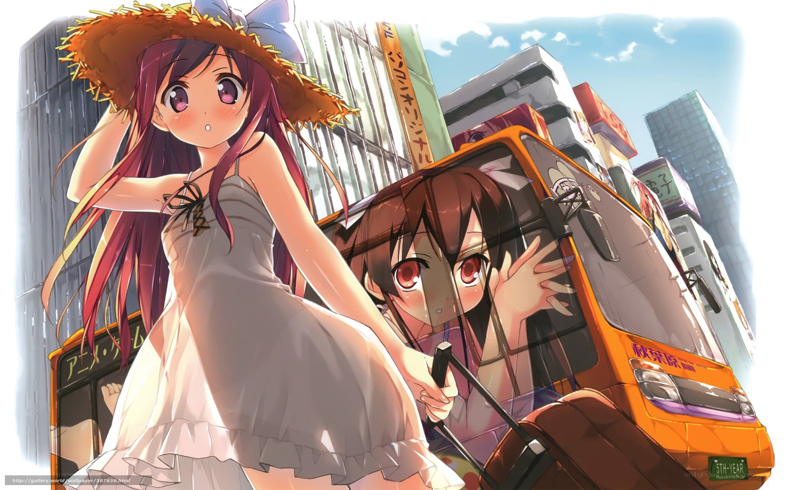 Anime girls in city scene