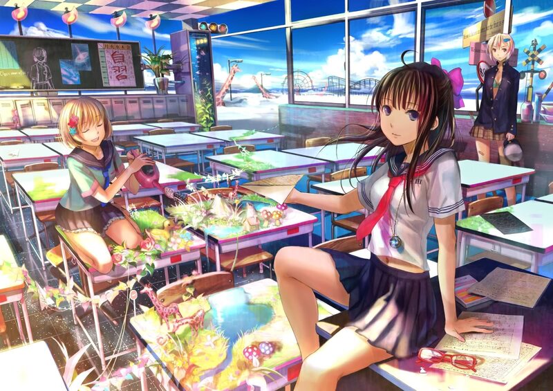 Anime Girls in Classroom — Blue, Serene