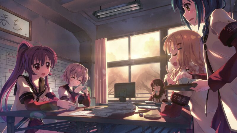 Anime Girls in Classroom — Purple, Calm, Sunset, Table