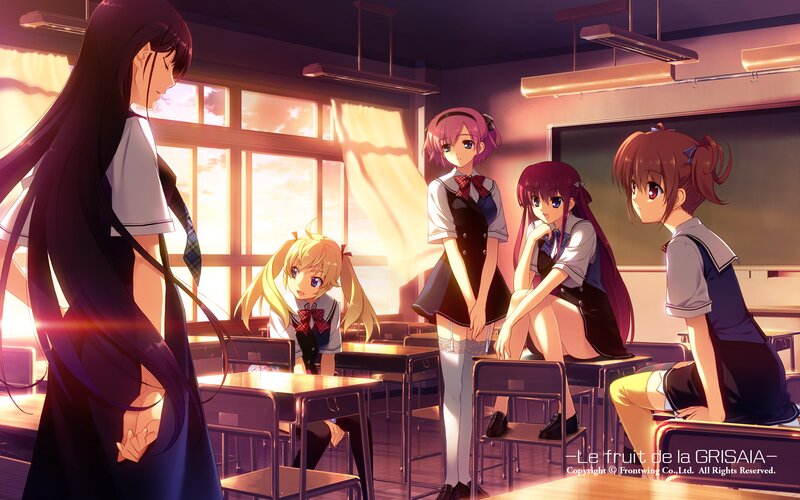 Anime Girls in Classroom — Purple, Dramatic, Sunset, School Desks