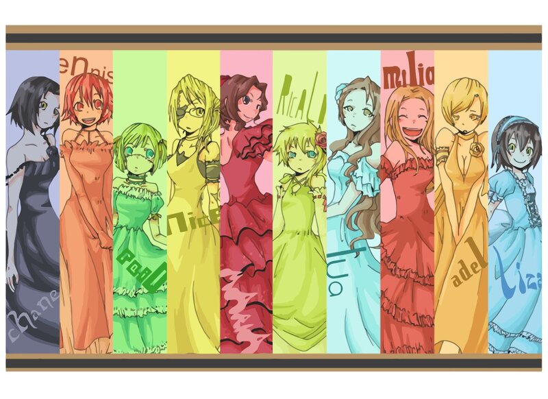 anime girls in colorful dresses