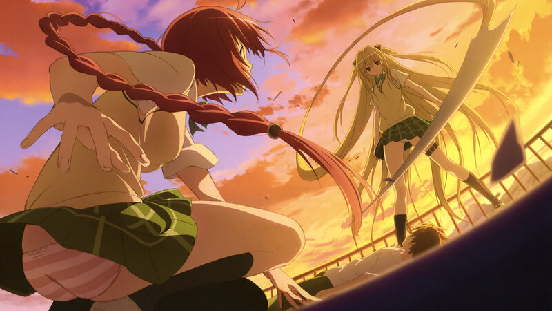 Anime girls in combat at sunset