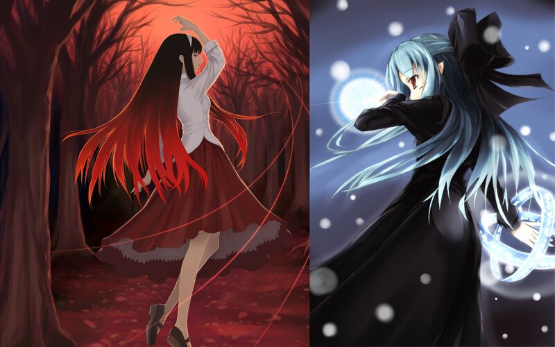 Anime girls in contrasting scenes