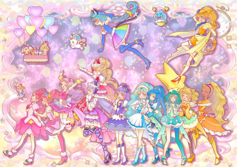 Anime Girls in Costumes — Pink, Festive, Balloons