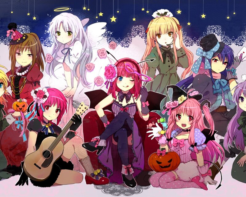 Anime Girls in Costumes — Pink, Festive, Night, Pumpkins