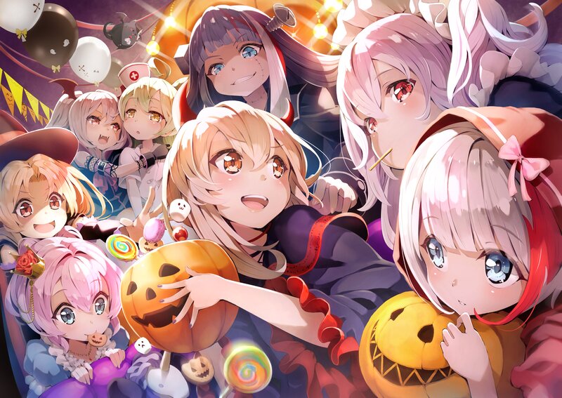 Anime Girls in Costumes — Purple, Festive, Night, Digital Art, Pumpkin