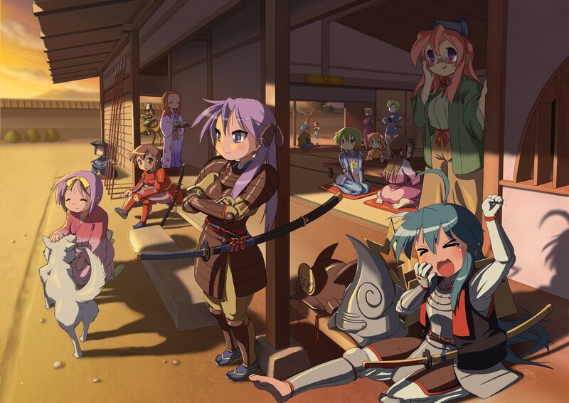 Anime Girls in Courtyard