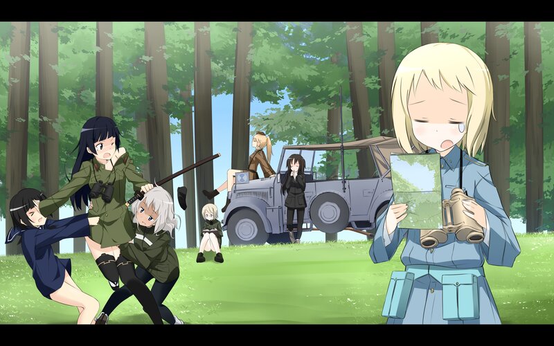 Anime girls in forest with military vehicle