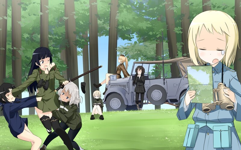 Anime girls in forest with military vehicle