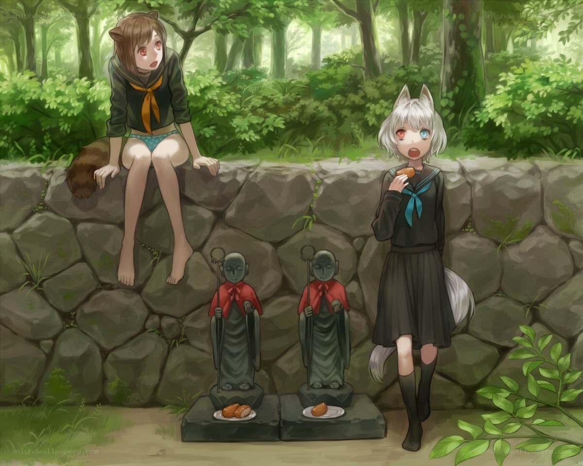 Anime girls in forest with statues