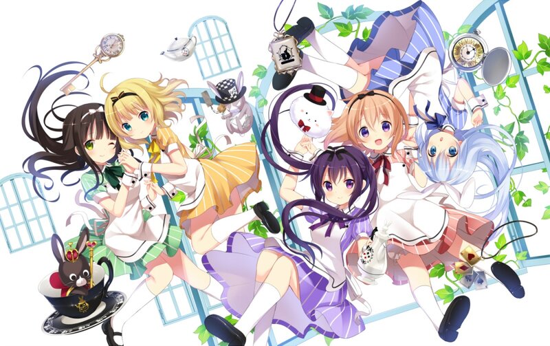 Anime Girls in Garden — White, Whimsical