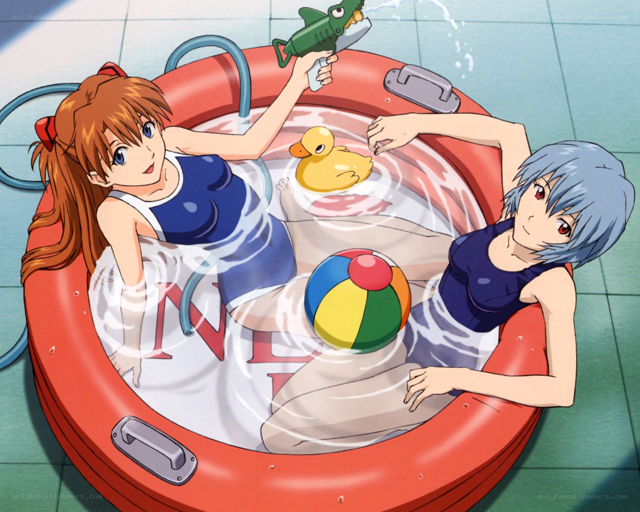 anime girls in inflatable pool