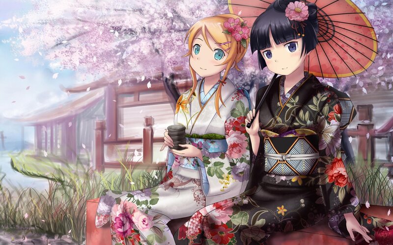 Anime girls in kimono under cherry blossoms