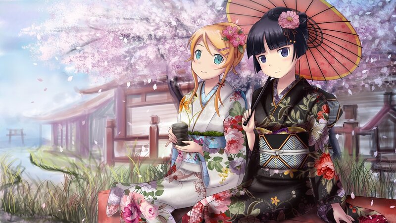 Anime girls in kimono under cherry blossoms