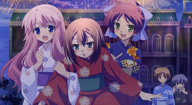 anime girls in kimonos at fireworks