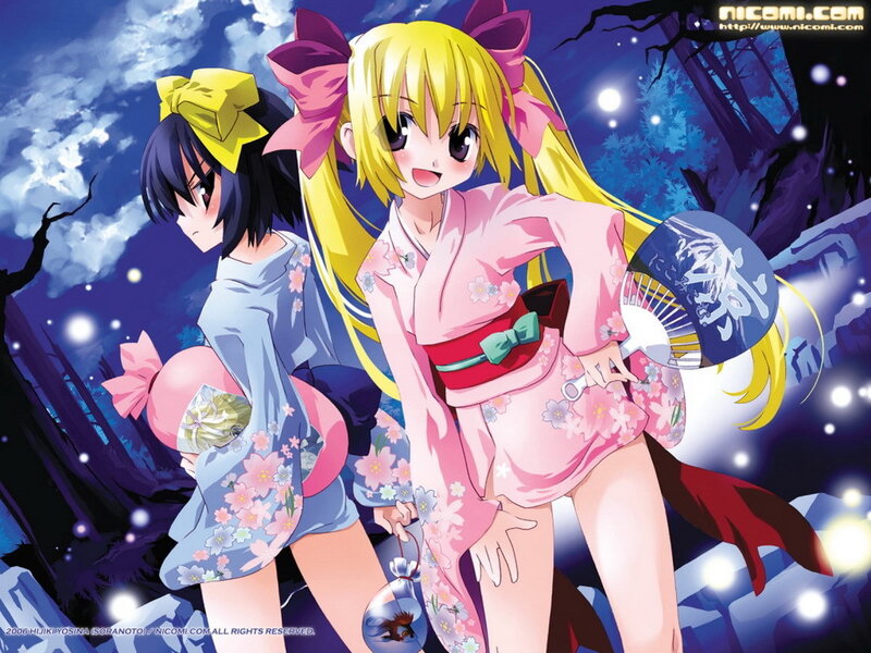 Anime girls in kimonos at night