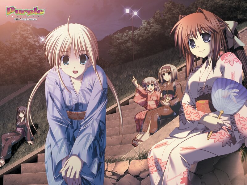 Anime girls in kimonos at night