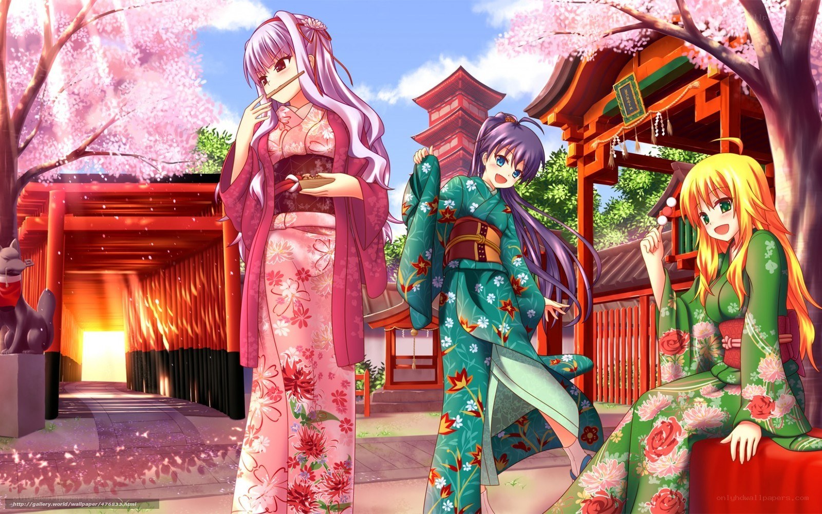 Anime girls in kimonos at shrine