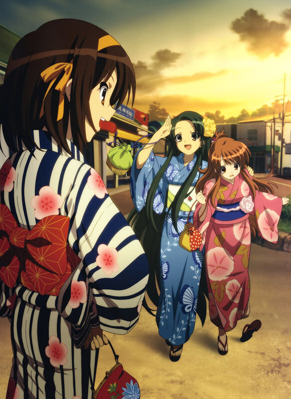 Anime girls in kimonos at sunset