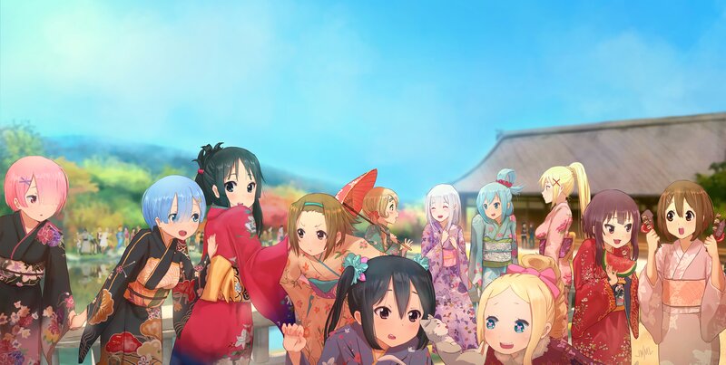 Anime Girls in Kimonos — Blue, Festive, Afternoon