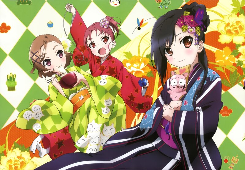 Anime girls in kimonos celebrating