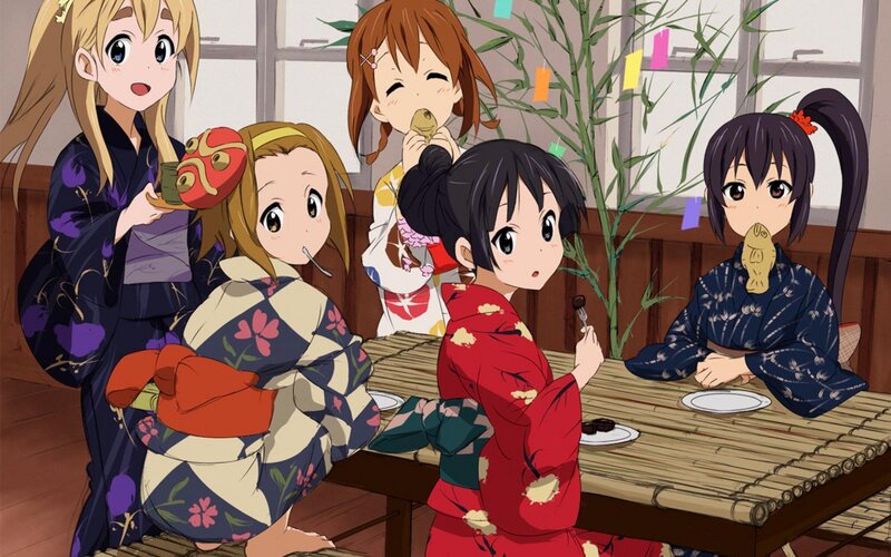 anime girls in kimonos eating