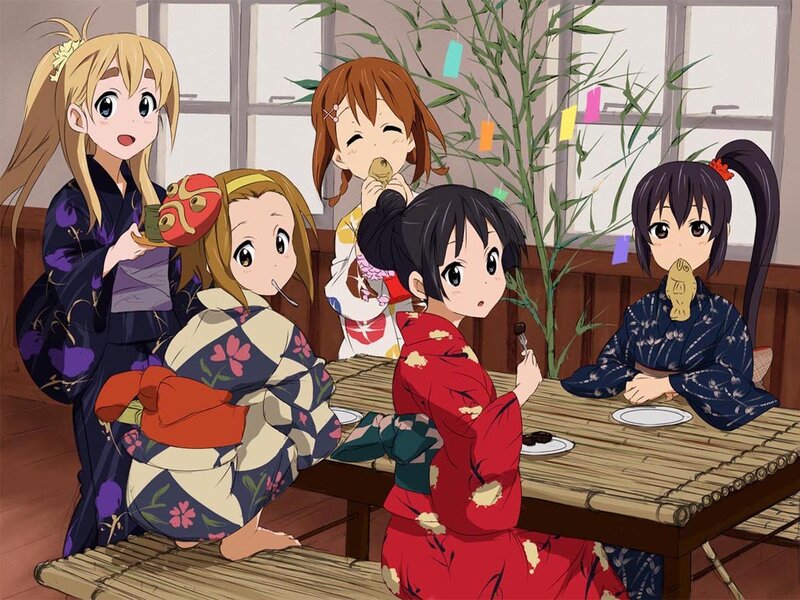 Anime girls in kimonos eating