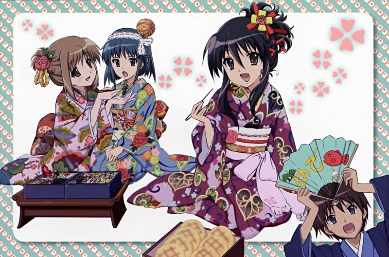 Anime girls in kimonos eating