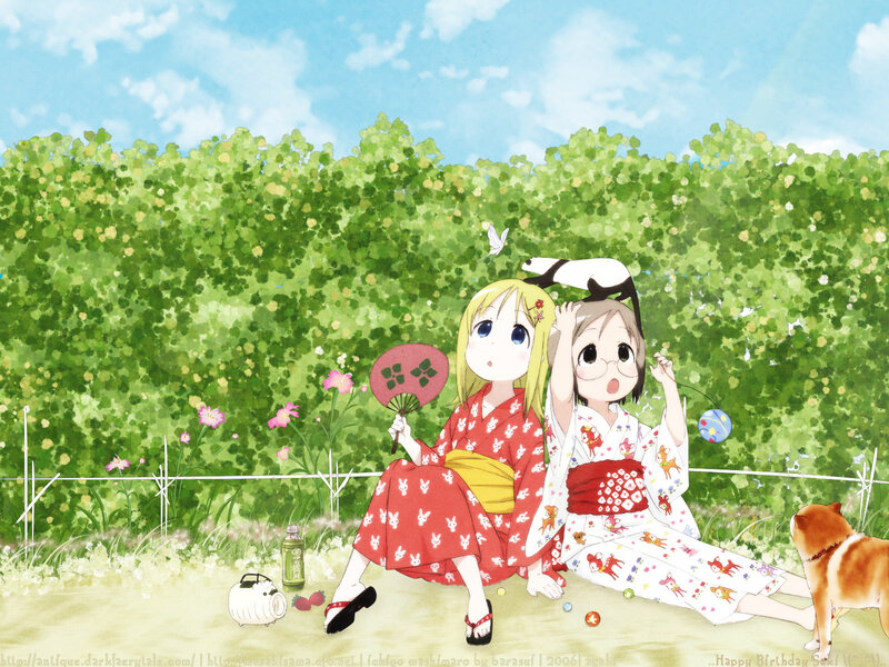 Anime girls in kimonos outdoors