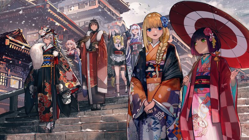 Anime Girls in Kimonos — Red, Serene