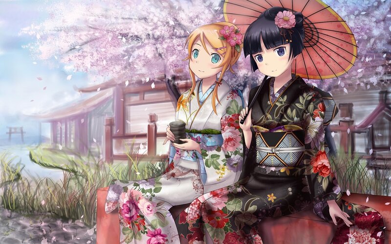 Anime girls in kimonos under cherry blossoms