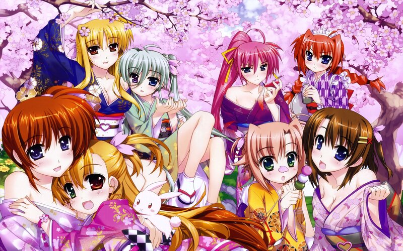 anime girls in kimonos under cherry blossoms