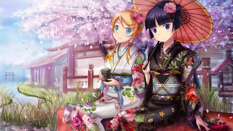 Anime girls in kimonos under cherry blossoms