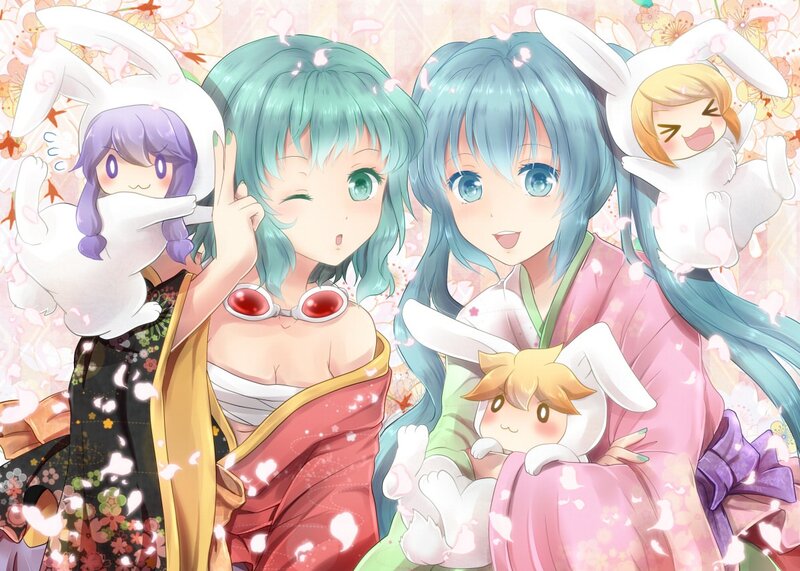 Anime girls in kimonos with bunnies