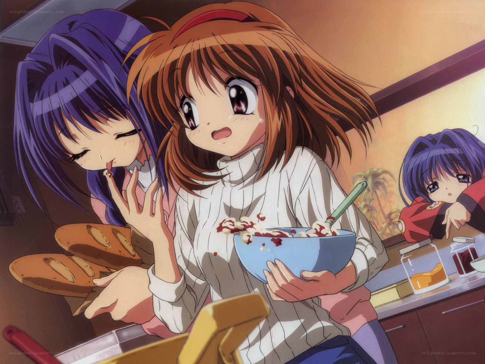Anime girls in kitchen scene